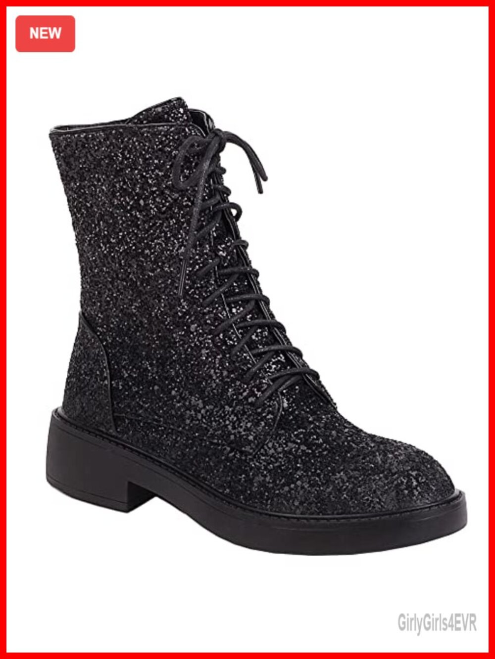 Women's Lace Up Glitter Sequin Combat Boots Round Toe Chunky Low Heel Ankle